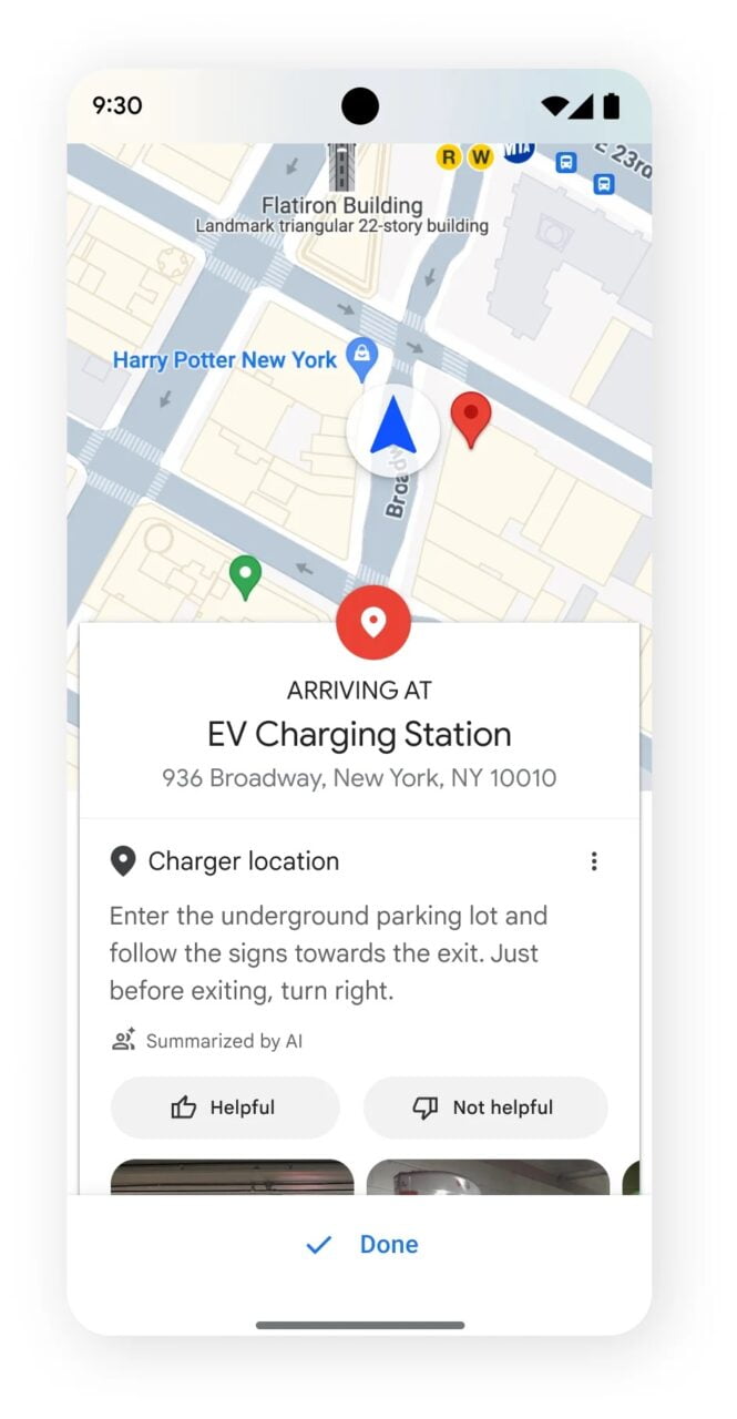 Zrzut ekranu interfejsu nawigacji mobilnej z zaznaczoną lokalizacją stacji ładowania EV przy 936 Broadway, Nowy Jork, z instrukcjami dojazdu oraz przyciskami oceny przydatności i potwierdzenia wykonania zadania.