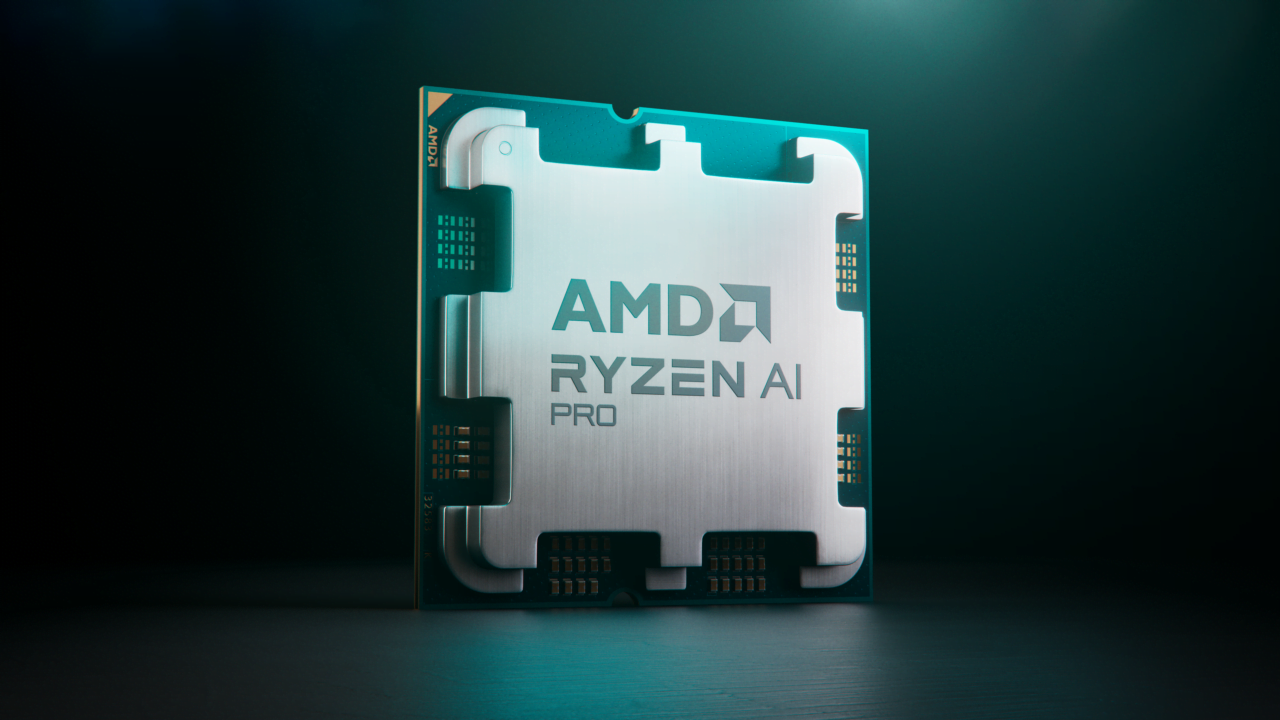 Procesor AMD Ryzen AI Pro umieszczony pionowo na tle oświetlonym na niebieskozielono.