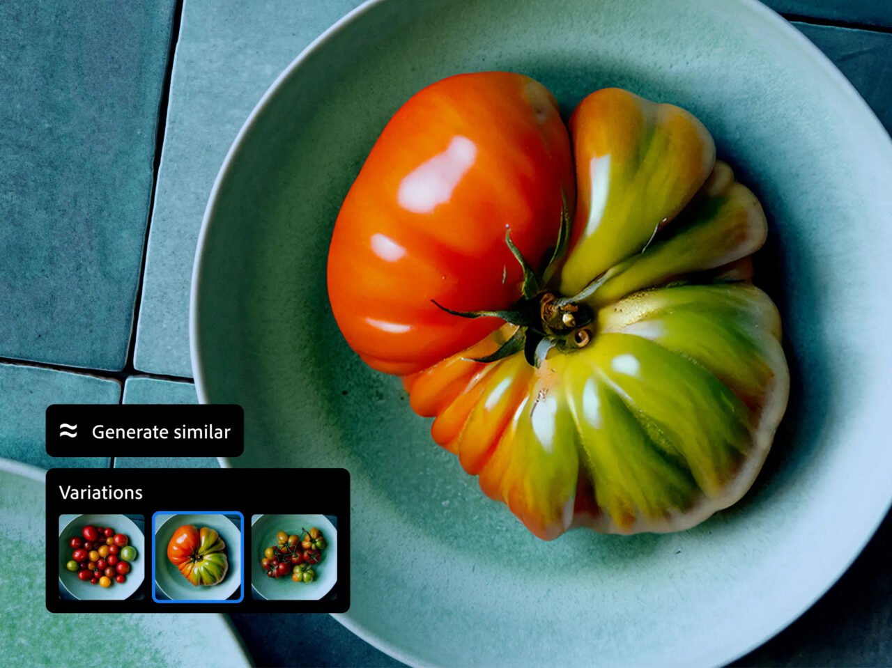 Pomidor o różnych kolorach na szarej talerzu, na tle szaro-niebieskich płytek.