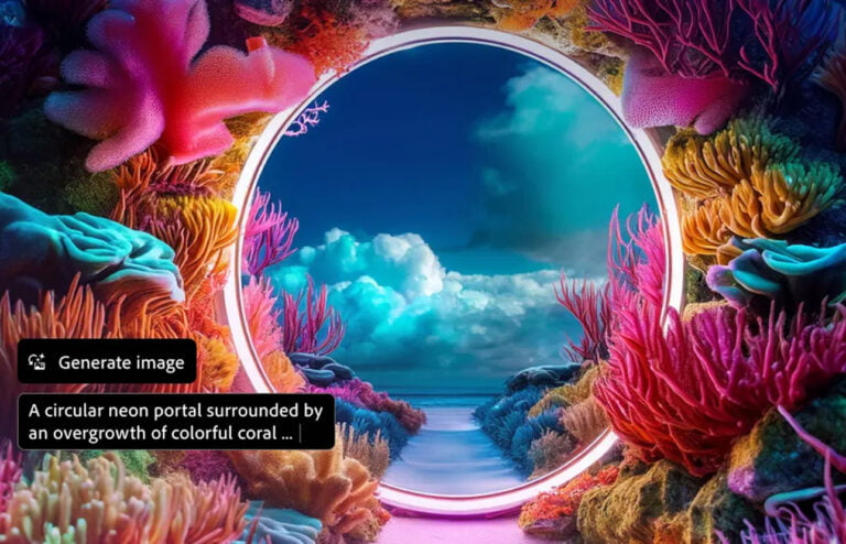 Neonowy portal w kształcie koła otoczony przez kolorowe koralowce, z widokiem na niebo z chmurami.