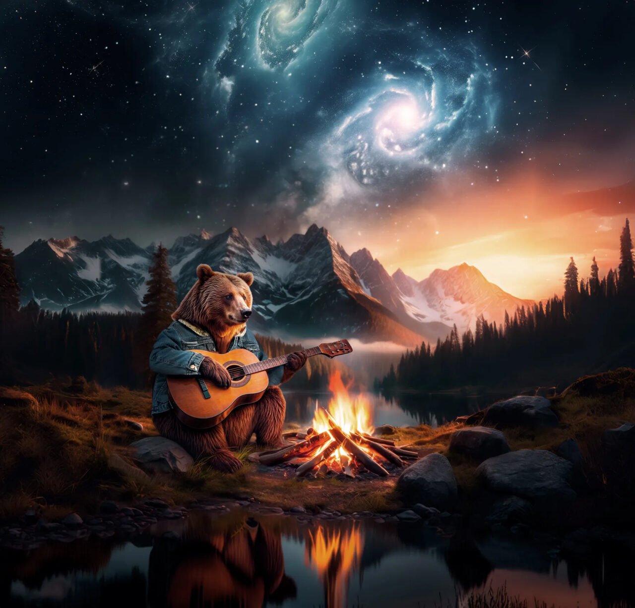 Niedźwiedź grający na gitarze przy ognisku z widokiem na górski krajobraz i kosmiczne galaktyki na nocnym niebie.