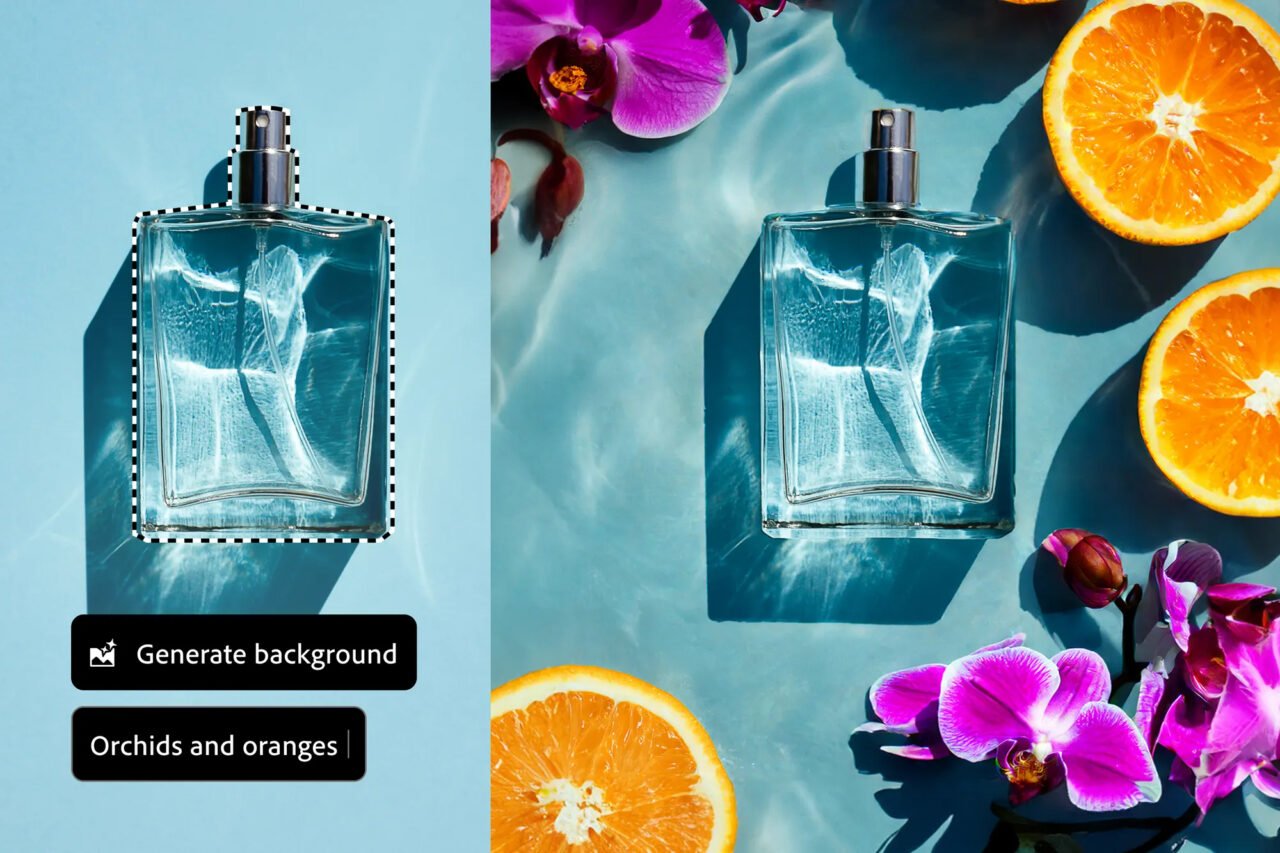 Butelka perfum na błękitnym tle z dodatkiem orchidei i przekrojonych pomarańczy.