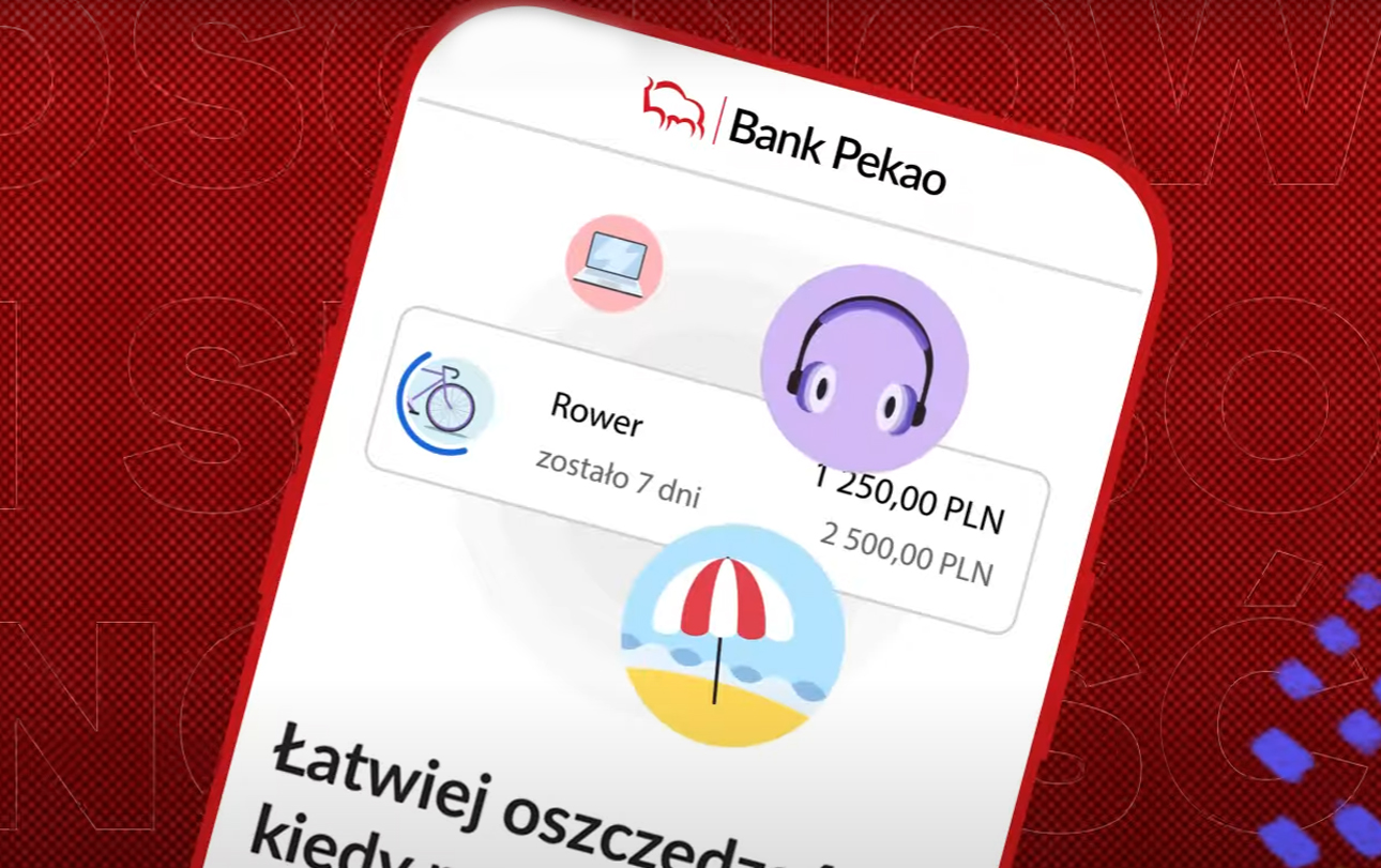 Ekran aplikacji mobilnej Banku Pekao pokazujący cele oszczędnościowe z ikonami roweru, laptopa i parasolki, oraz kwoty i czas do osiągnięcia celu.