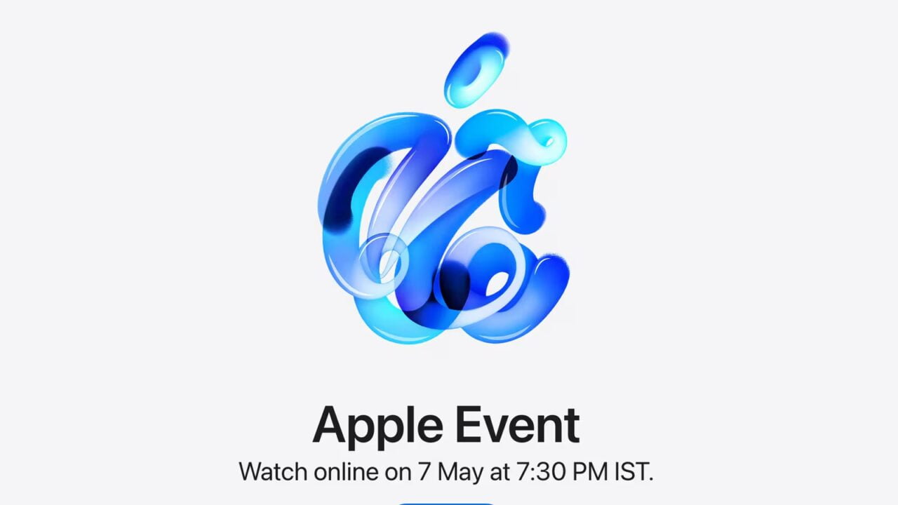 Abstrakcyjny, błękitny design przypominający płyn, z tekstem "Apple Event" i informacją o oglądaniu online 7 maja o 19:30 IST.