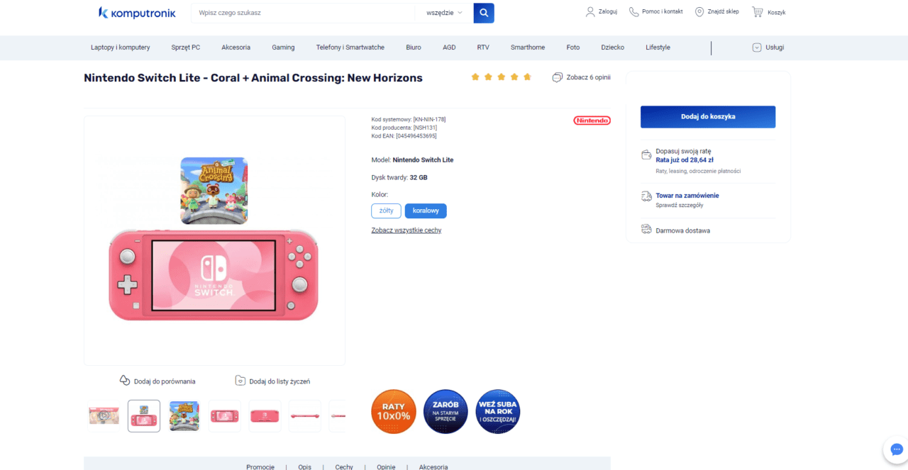 Konsola Nintendo Switch Lite w kolorze koralowym w zestawie z grą Animal Crossing: New Horizons, wyświetlona na stronie sklepu internetowego Komputronik.