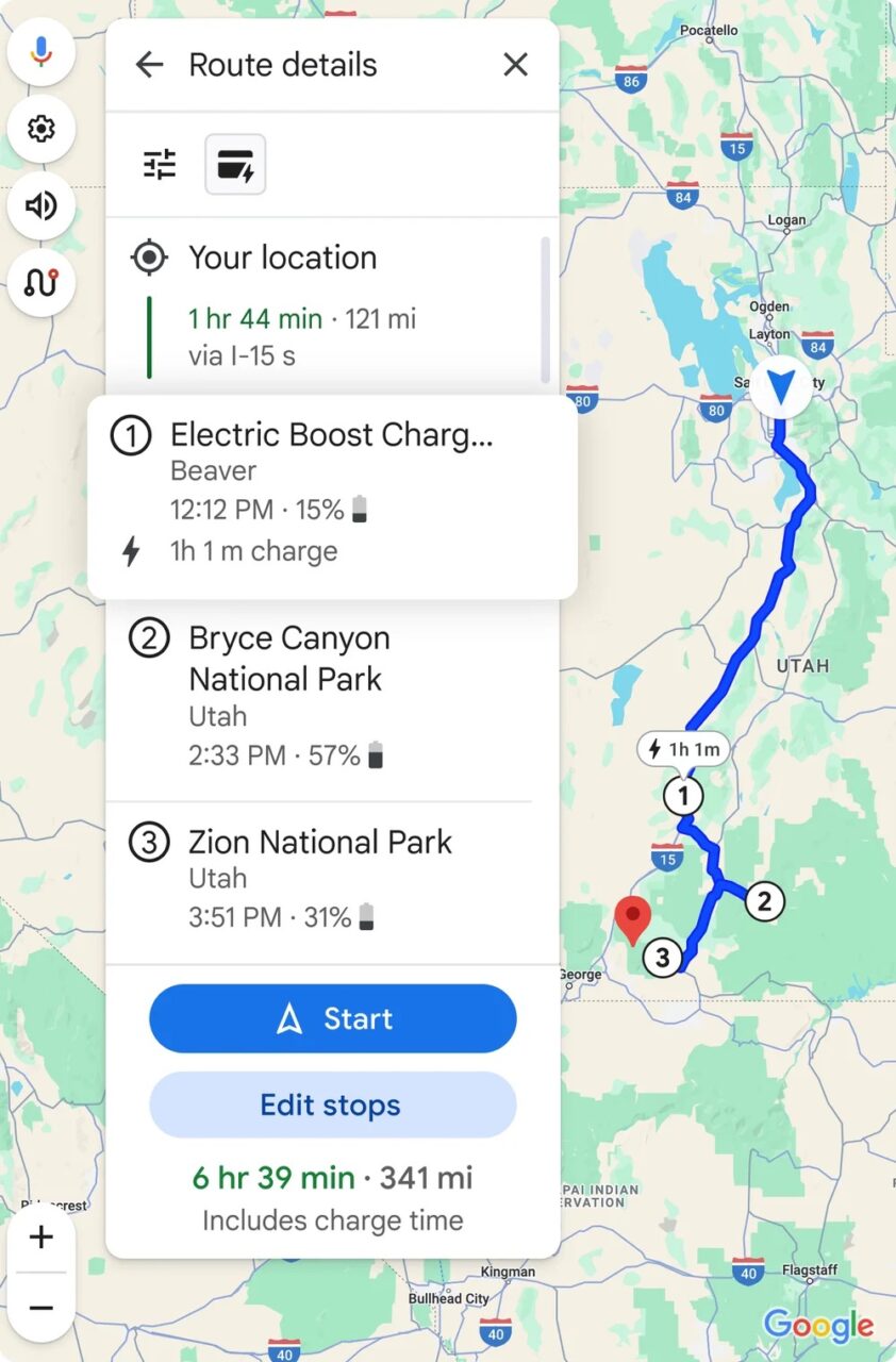 Zrzut ekranu z aplikacji nawigacyjnej przedstawiający trasę z lokalizacji użytkownika przez Electric Boost Charging w Beaver, Bryce Canyon National Park, do Zion National Park w stanie Utah. Trasa ma 341 mil i szacowany czas podróży 6 godzin 39 minut, z czasem ładowania pojazdu elektrycznego wliczonym w czas podróży.