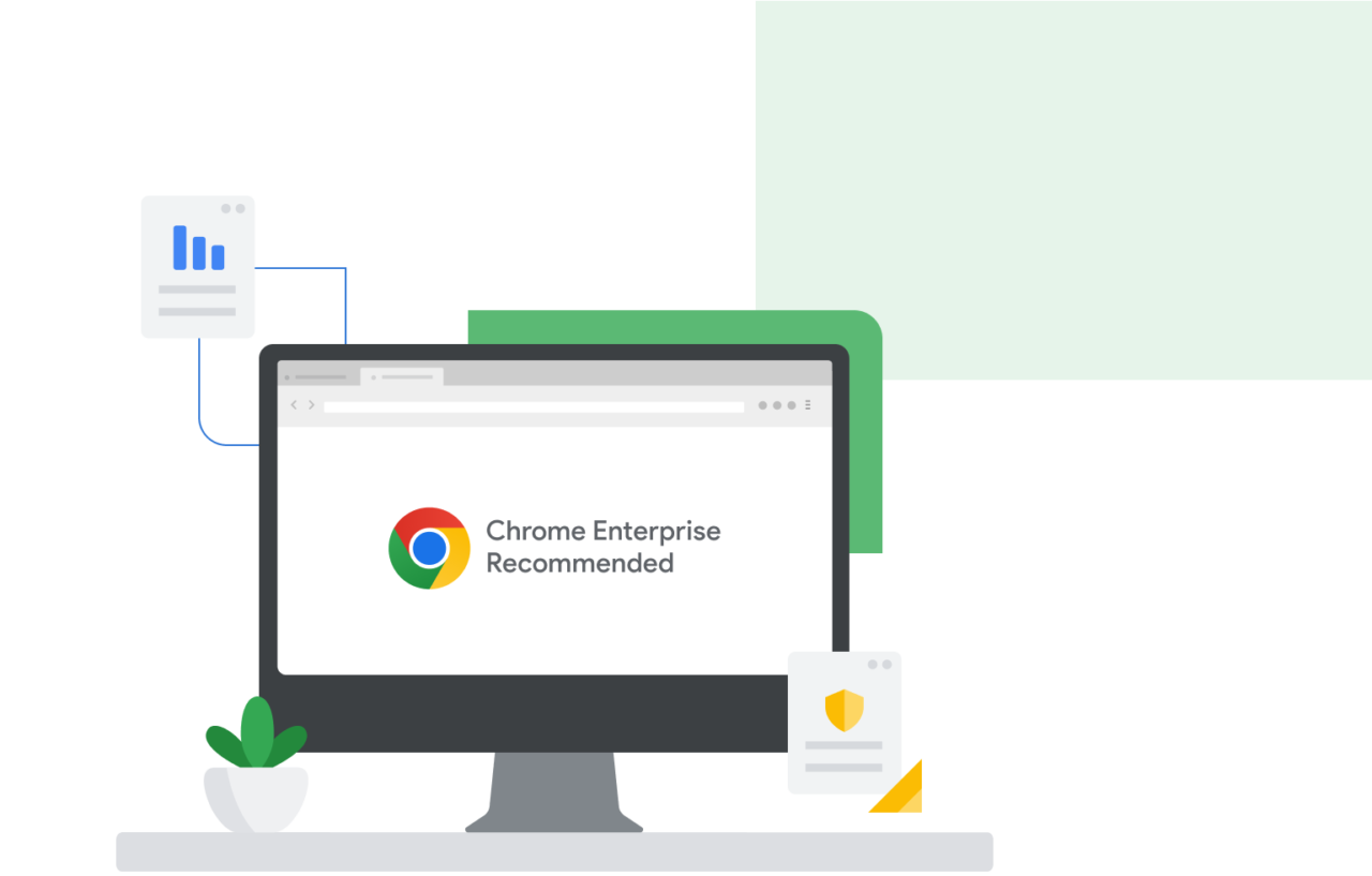 Zestaw urządzeń komputerowych z monitorem, na którym wyświetlana jest strona "Chrome Enterprise Recommended", mobilnym urządzeniem i ikonami związane z zarządzaniem i bezpieczeństwem danych, oraz rośliną doniczkową na biurku.