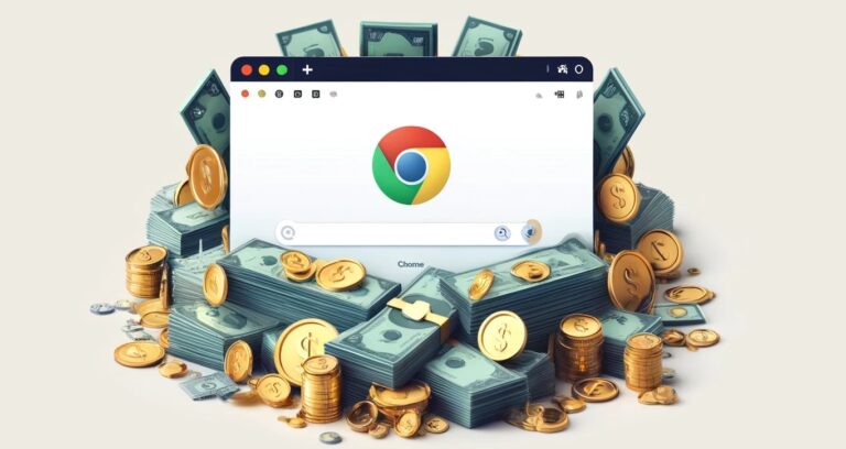 Laptop z otwartym oknem przeglądarki Google Chrome na stosie amerykańskich banknotów i złotych monet.