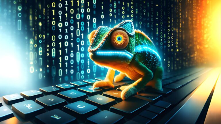 Cyfrowy kameleon siedzący na klawiaturze komputera z tłem z binarnym kodem.