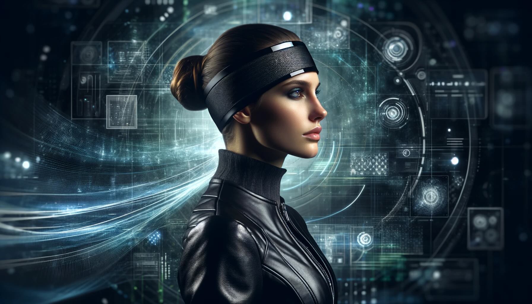 Kobieta w skórzanej kurtce z futurystyczną opaską na głowie stojąca na tle cyfrowych interfejsów i hologramów.