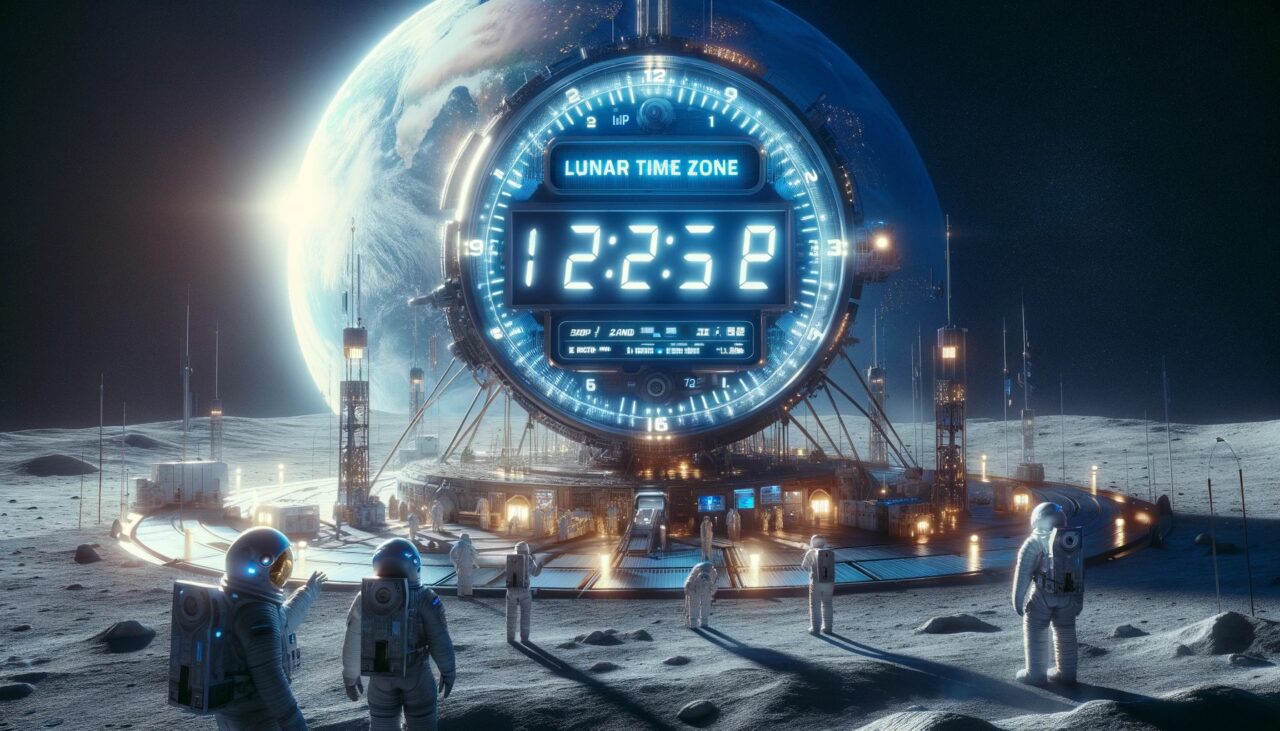 Futurystyczna baza na Księżycu z olbrzymim zegarem wskazującym "LUNAR TIME ZONE 12:25 PM", w tle widoczna Ziemia, a przed zegarem astronauty i konstrukcje.