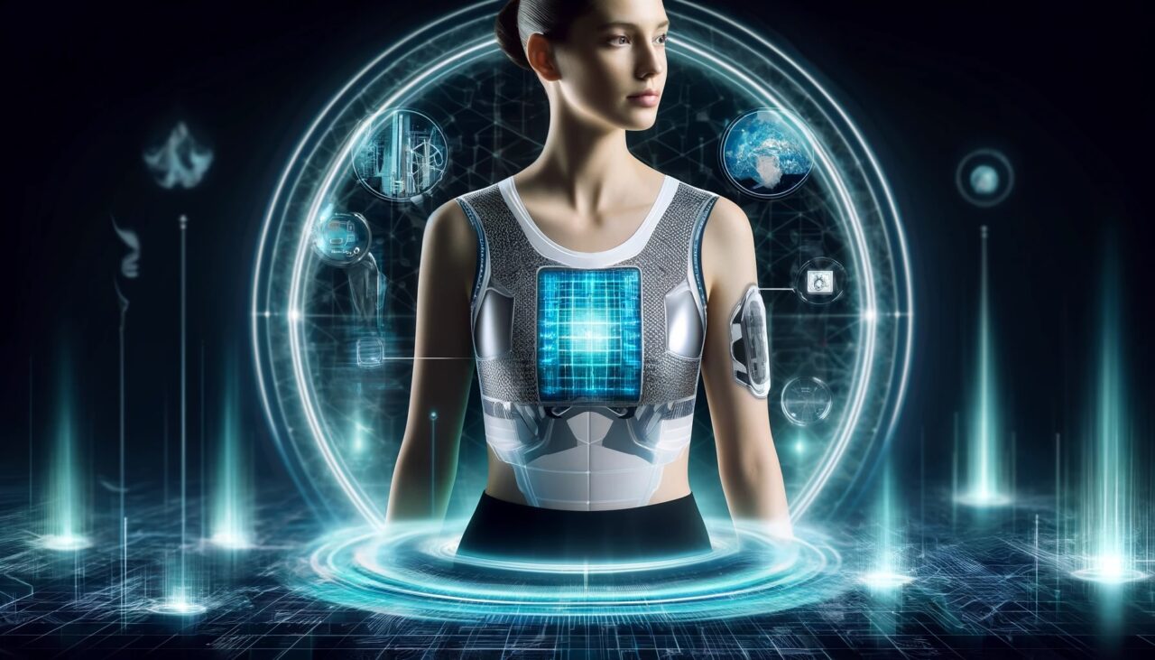 Kobieta o futurystycznym wyglądzie z cyfrowymi elementami graficznymi symbolizującymi zaawansowaną technologię w tle.