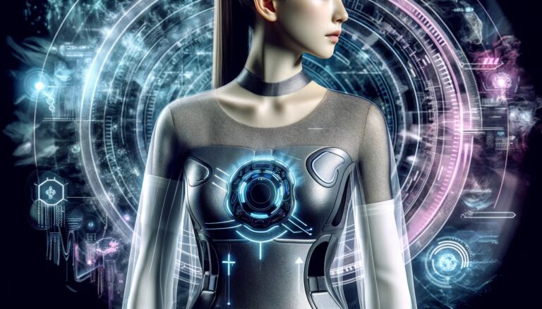 Obraz cyborga kobiety z cyfrowymi interfejsami w tle.