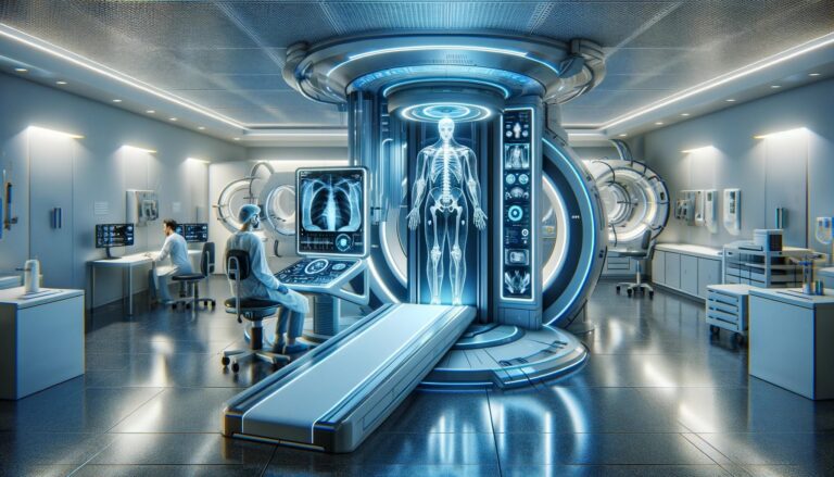 Zaawansowany, futurystyczny pokój diagnostyczny z holograficznym wyświetlaczem ludzkiego ciała, obsługiwany przez dwóch techników medycznych.