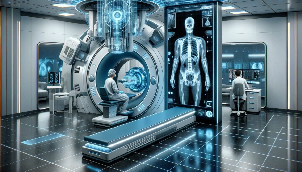 W zaawansowanym pomieszczeniu medycznym dwie osoby obsługują futurystyczne urządzenia do skanowania ciała; po lewej osobę poddawaną skanowaniu, po prawej ekrany wyświetlające szkielet i scaner ciała. Futurystyczna radiografia.