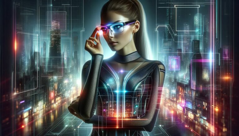 Kobieta o futurystycznym wyglądzie z cyfrowymi okularami stojąca na tle wielkomiejskiej panoramy z neonowymi światłami i hologramami.