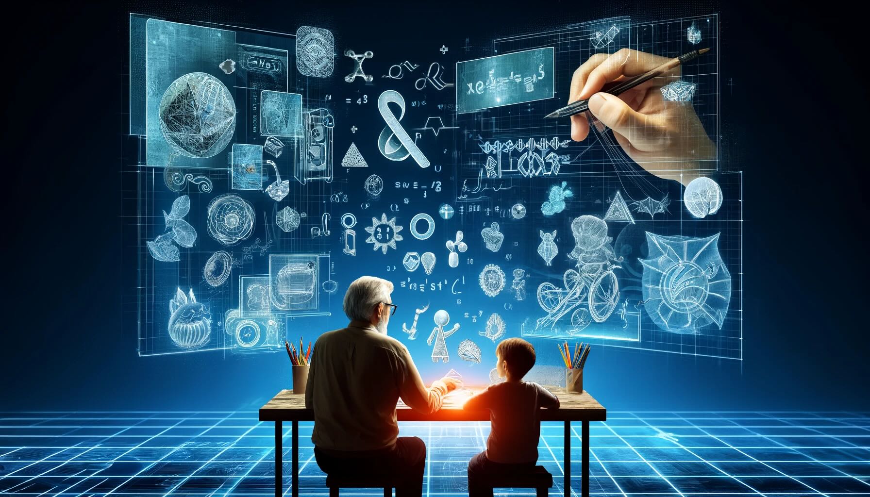 Starszy mężczyzna i chłopiec siedzą przy stole z kredkami, otoczeni hologramami przedstawiającymi różnorodne obiekty i formuły naukowe na tle niebieskiej, cyfrowej siatki.