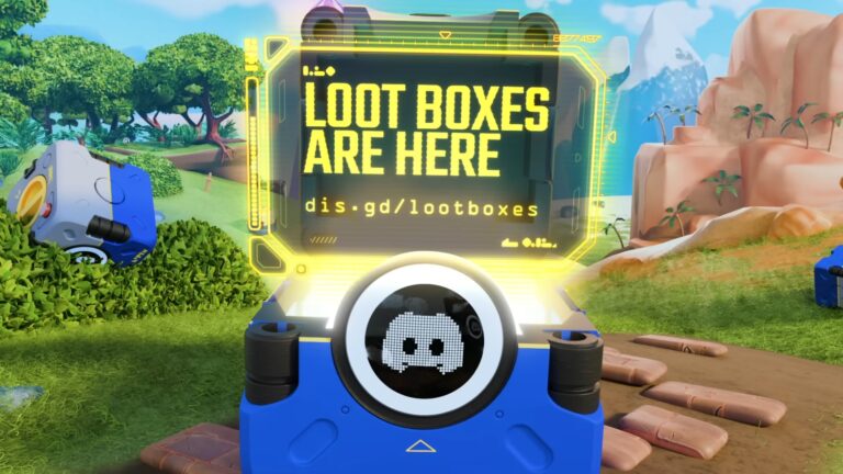 Grafika z gry wideo przedstawiająca holograficzny panel z napisem "LOOT BOXES ARE HERE" oraz odnośnikiem "dis.gd/lootboxes". W tle krajobraz z drzewami i skalistymi formacjami. Na pierwszym planie część niebieskiego urządzenia z ikoną Discorda.