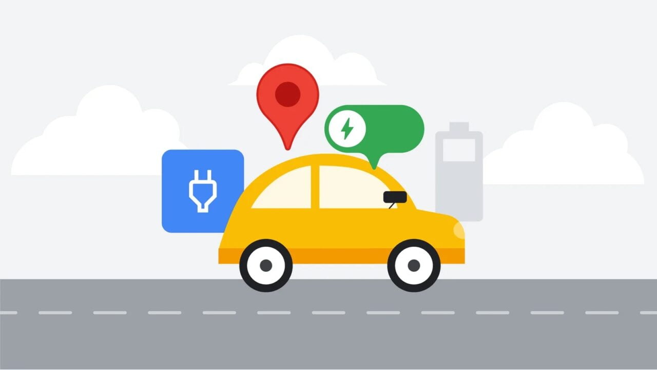 Nowości w Google Maps. Ilustracja przedstawiająca żółty samochód elektryczny na drodze z ikonami wskazującymi lokalizację ładowania i stan baterii.