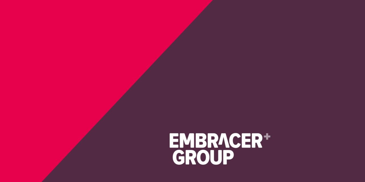 Rozpad Embracer Group na trzy odrębne spółki . Logo Embracer Group na fioletowo-czerwonym tle