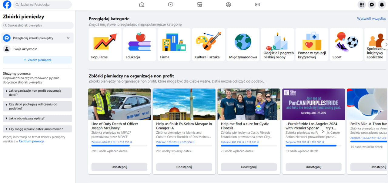 Strona przedstawiająca zbiórki pieniędzy na Facebooku z opcjami kategorii, informacjami o pomocnych działaniach i przykładami aktywnych zbiórek.