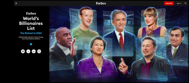 Grafika przedstawiająca stronę tytułową Forbes z listą najbogatszych ludzi świata w 2024 roku, na której widać ilustracje sylwetek sześciu osób ułożonych w rzędzie.