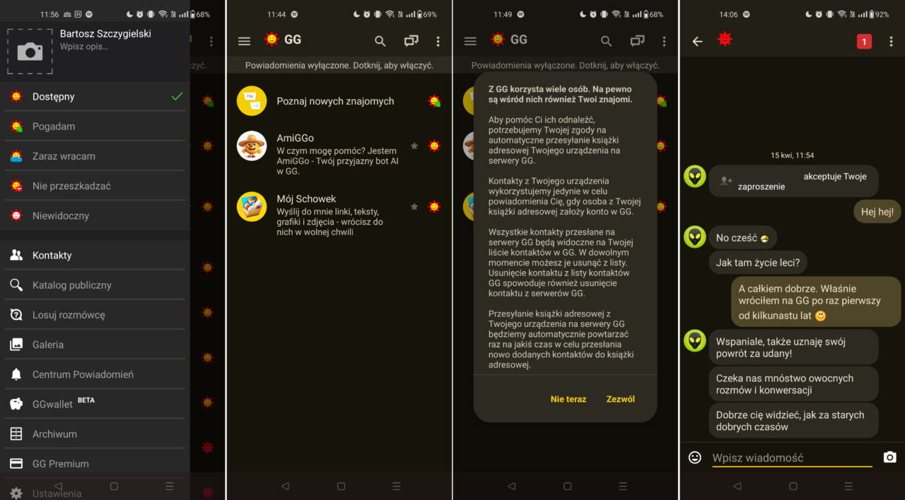 Zrzut ekranu interfejsu użytkownika aplikacji komunikatora GG (Gadu-Gadu) na smartfonie, prezentujący listę kontaktów, ustawienia statusu, konwersację z kontaktem oraz powiadomienia.
