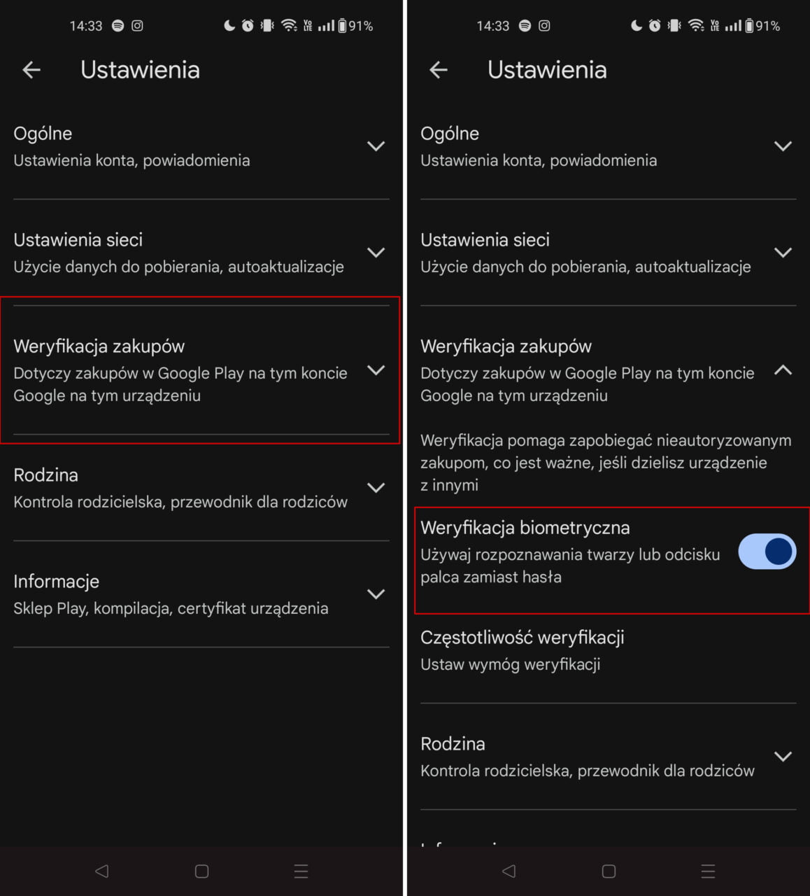 Zrzuty ekranu menu ustawień w aplikacji na smartfonie, przedstawiające opcje dotyczące weryfikacji zakupów w Google Play. Na lewym zrzucie ekranu sekcja 'Weryfikacja zakupów' jest zaznaczona czerwoną ramką, na prawym włączony jest przełącznik przy opcji 'Weryfikacja biometryczna'.