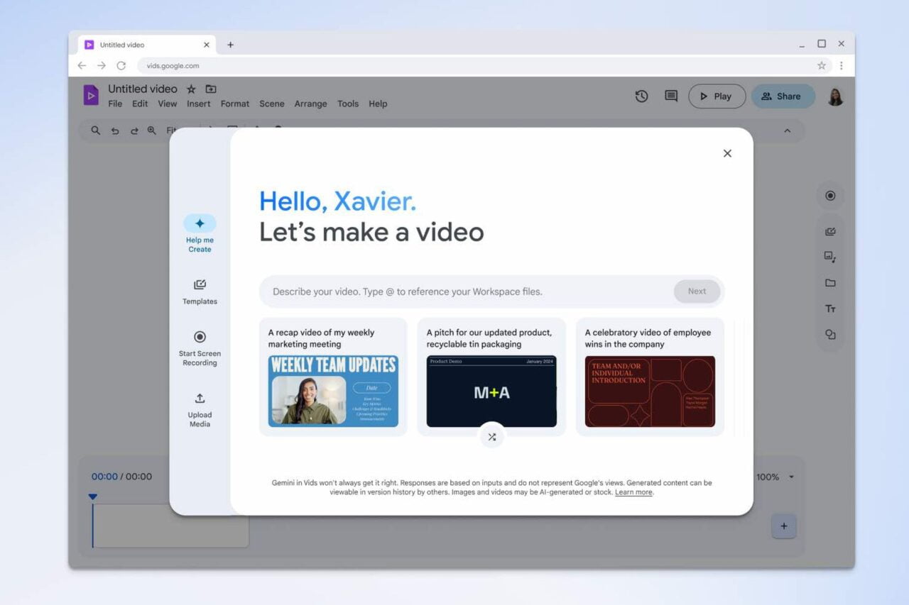 Google Vids. Interfejs użytkownika programu do edycji wideo z tytułem "Hello, Xavier. Let's make a video" i trzema przykładami szablonów do tworzenia filmów.
