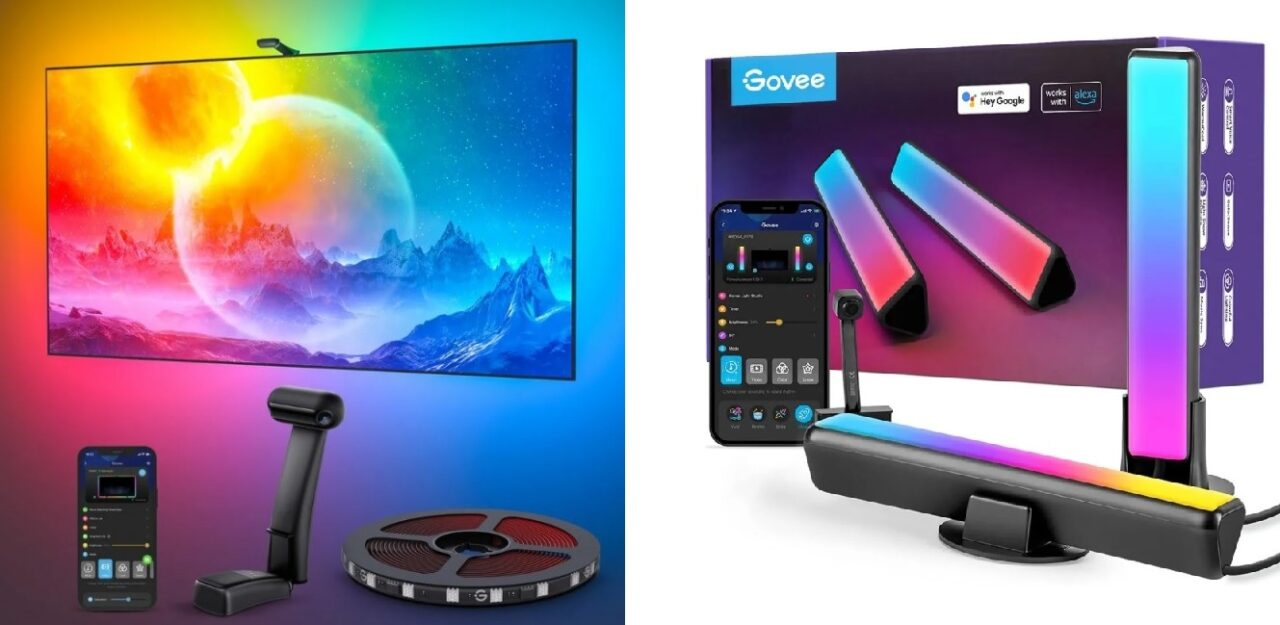 Dwa zestawy oświetlenia LED RGB do telewizorów. Po lewej telewizor z dołączonymi światłami i aplikacją mobilną do sterowania kolorami, po prawej opakowanie produktu z trzema barwnymi lampami LED i zdalnym sterowaniem.