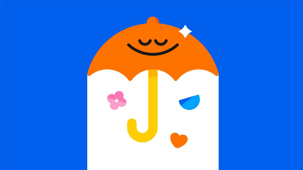Terapie XR w wykonaniu firmy Meta i innych. Powstała aplikacja Headspace XR. Prosty rysunek pomarańczowego parasola z uśmiechniętą twarzą na niebieskim tle.