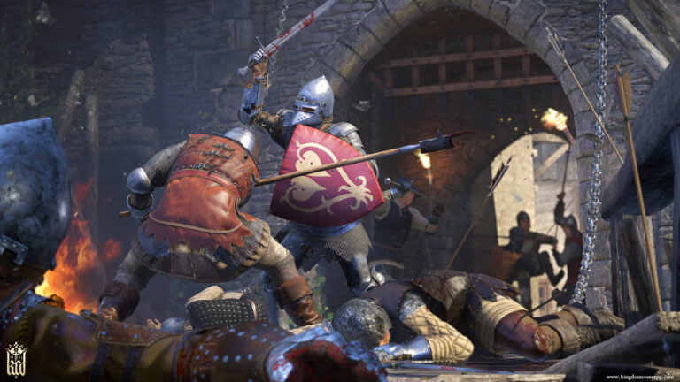 Kadr z gry Kingdom Come Deliverance. Walka rycerzy w średniowiecznym zamku, jeden z nich z tarczą ozdobioną czerwonym wzorem. Na pierwszym planie widać pokonanych wojowników.