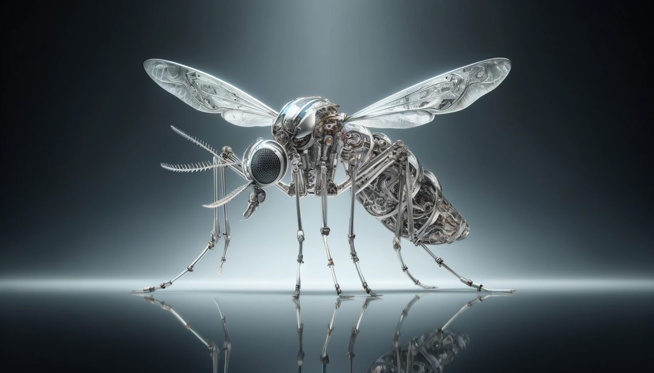 Choroby przenoszone przez komary zabijają ludzi. Mechaniczna owadopodobna rzeźba z elementami przypominającymi muchę, wykonana z metalowych części i przypominająca robota, na odbijającej się powierzchni z mglistym niebieskim tłem.