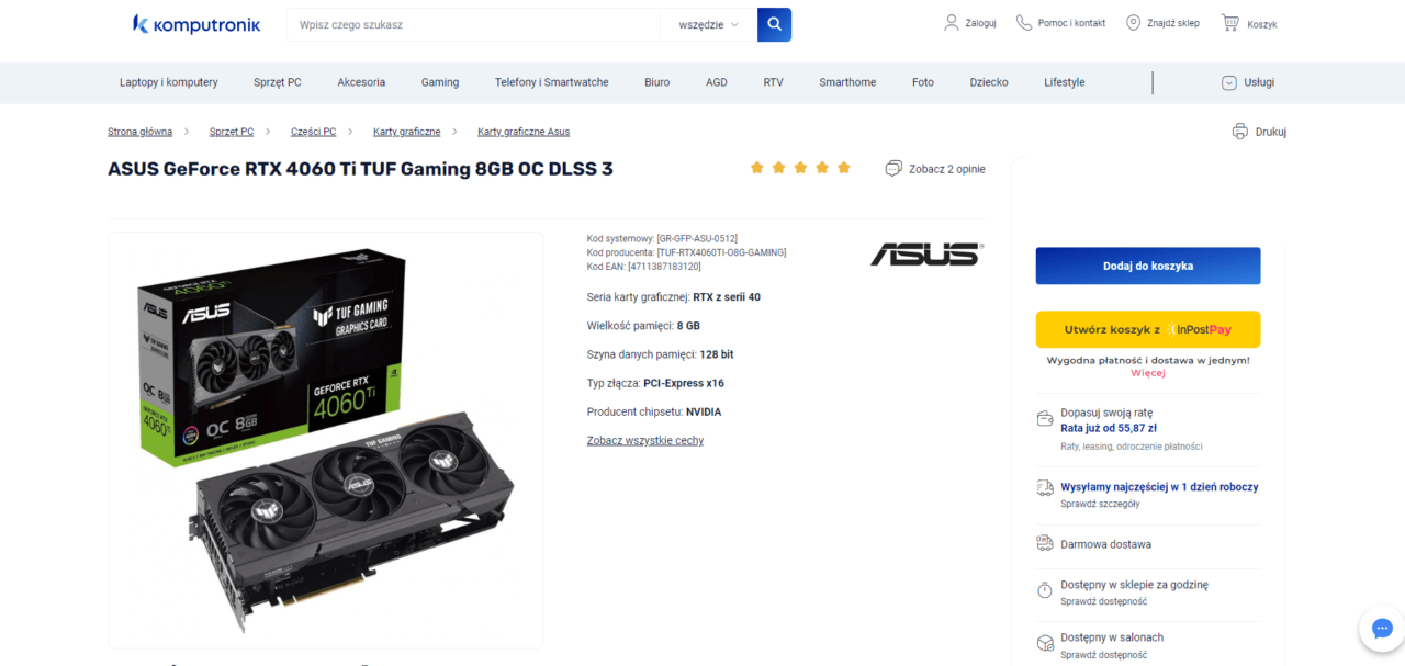 Karta graficzna ASUS GeForce RTX 4060 Ti TUF Gaming 8GB OC DLSS 3 w opakowaniu i poza nim, na tle strony internetowej oferującej produkt w obniżonej cenie.