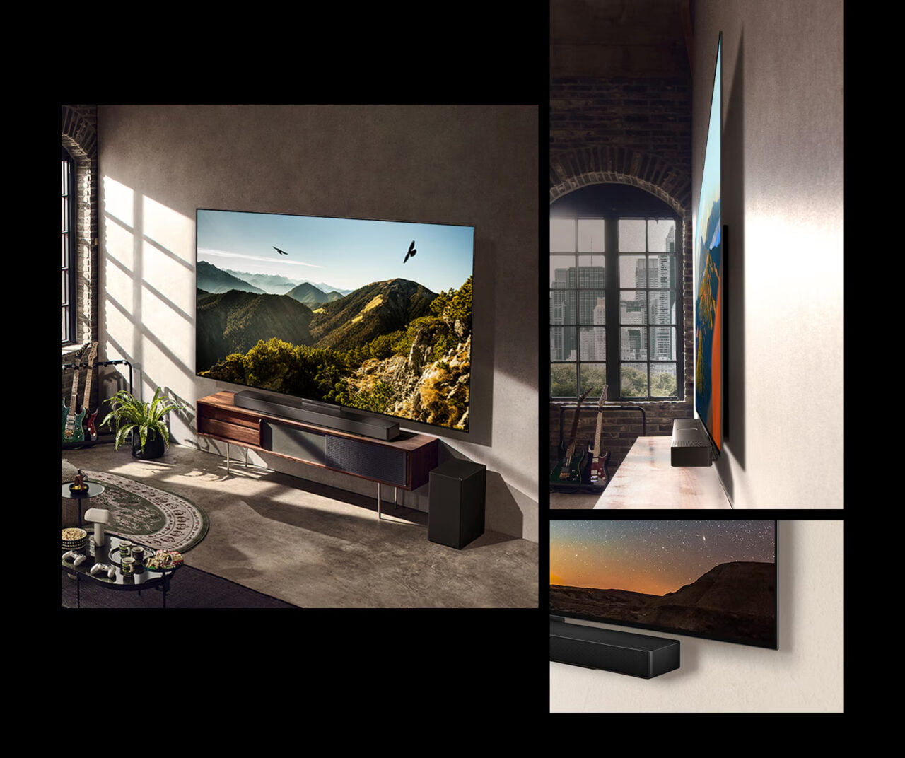Trzy różne ujęcia nowoczesnego telewizora w różnych wnętrzach: salon z widokiem na góry na dużym ekranie, boczny widok pokazujący cienką krawędź telewizora i telewizor w innym pomieszczeniu z widokiem na gwiaździste niebo.