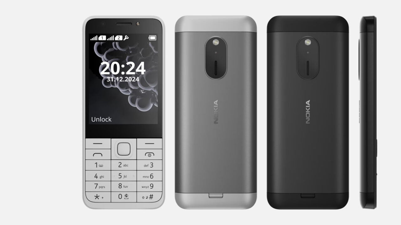 Trzy widoki telefonu komórkowego Nokia: z przodu, z tyłu i z boku.