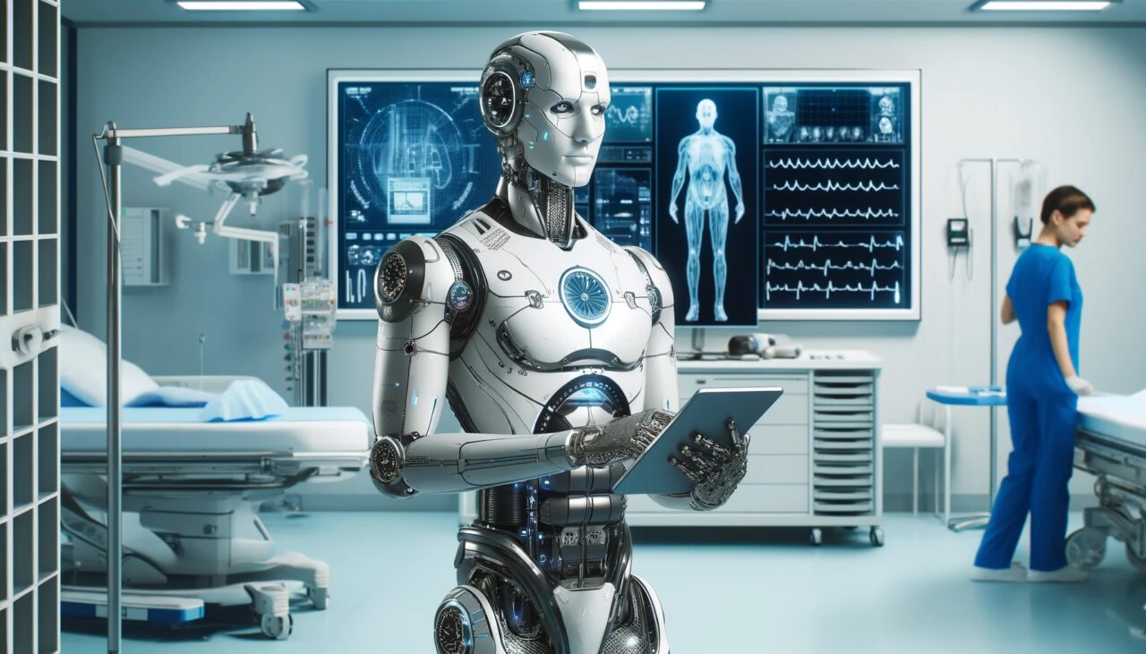 Robot przypominający człowieka z tabletem w sali szpitalnej z pracującą w tle pielęgniarką oraz monitorami wyświetlającymi dane medyczne.