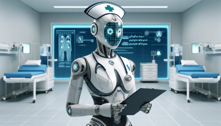 Robot-medyczny w postaci pielęgniarki trzymający notes, w nowoczesnym szpitalnym wnętrzu z monitorami i łóżkami pacjentów.
