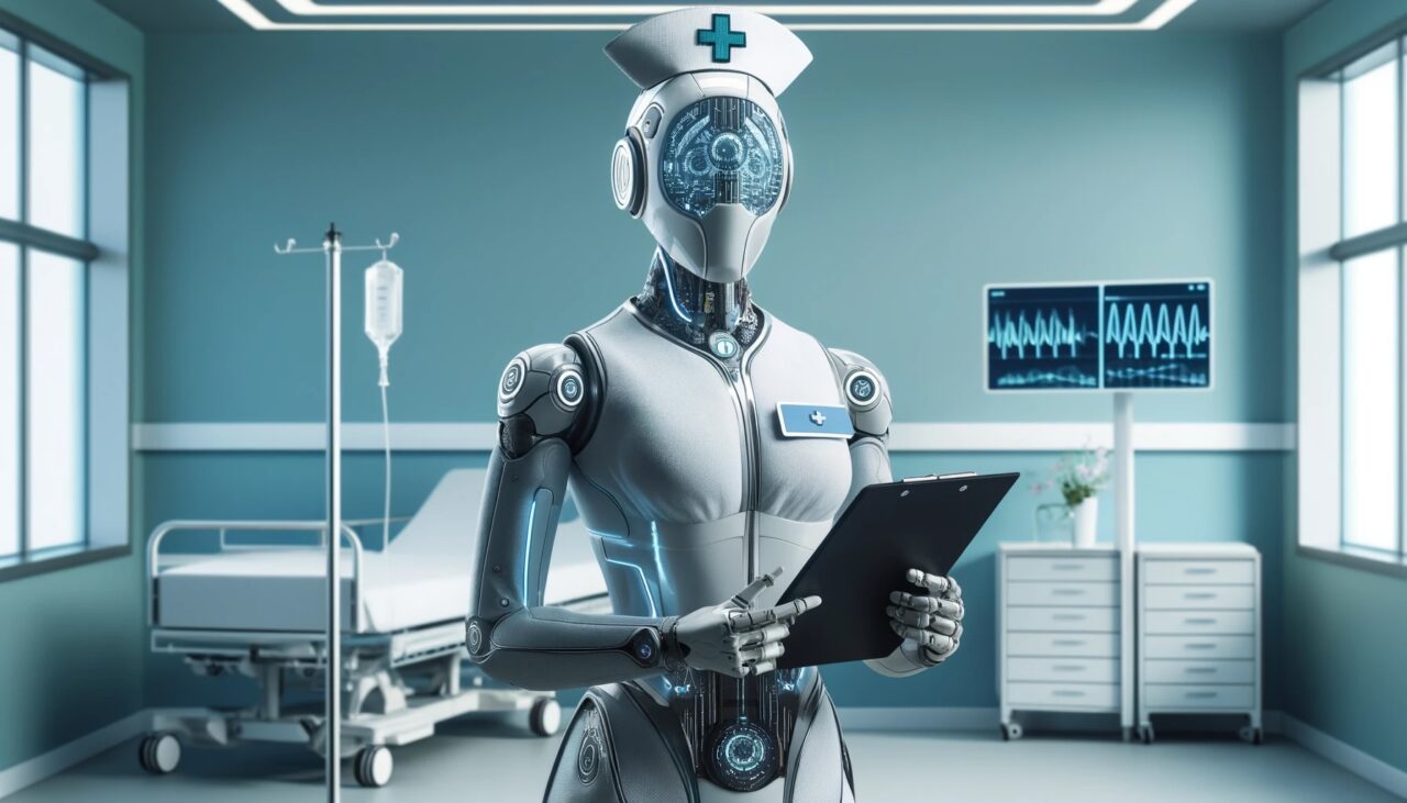 Pielęgniarka AI. Robot pielęgniarka z głową w kształcie kapsuły i przeźroczystym wyświetlaczem mózgu trzyma elektroniczny notes w szpitalnym pokoju z łóżkiem, kroplówką i monitorami medycznymi.