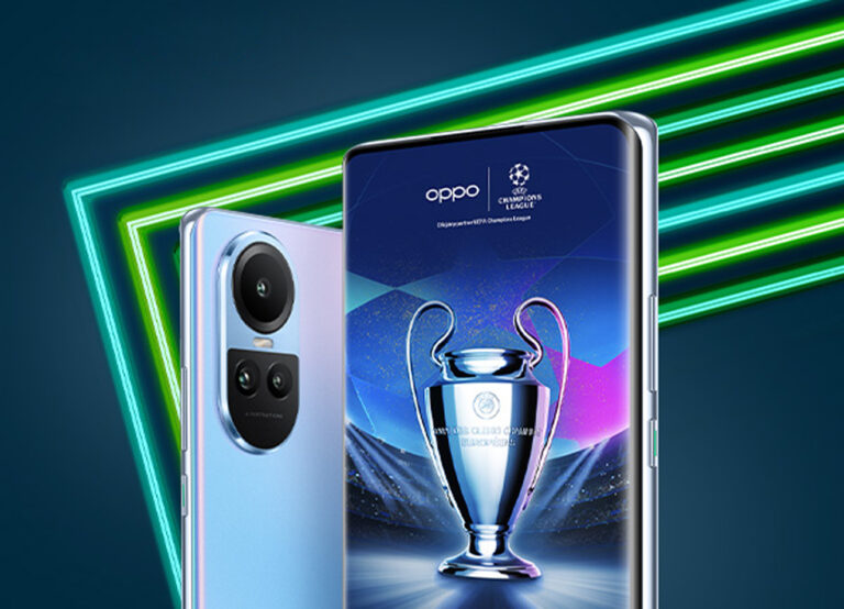 Reklama smartfonów Oppo z wizerunkiem trofeum Ligi Mistrzów UEFA, otoczona neonowymi liniami na ciemnym tle.