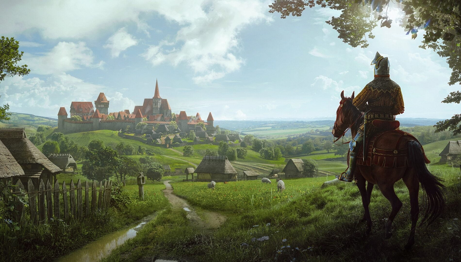 Rycerz na koniu obserwuje średniowieczne miasto na wzgórzu otoczone murami, wśród zielonych krajobrazów i wiejskich chat.