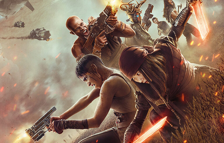 Plakat do filmu Netflix Rebel Moon 2. Obraz przedstawia dynamiczną scenę akcji z postaciami uzbrojonymi w broń palną i miecze, które walczą w eksplozyjnych i energetycznych okolicznościach.