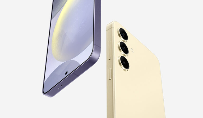 Smartfon Samsung Galaxy S24 i S24+ w kolorze złotym, widoczny z przodu i tyłu, z potrójnym aparatem.