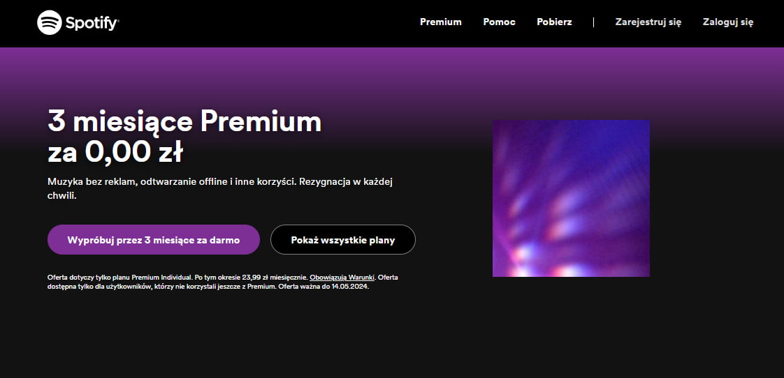Página inicial do Spotify Premium promovendo a oferta de 3 meses grátis de Premium por PLN 0,00, com fundo roxo e imagem abstrata à direita.