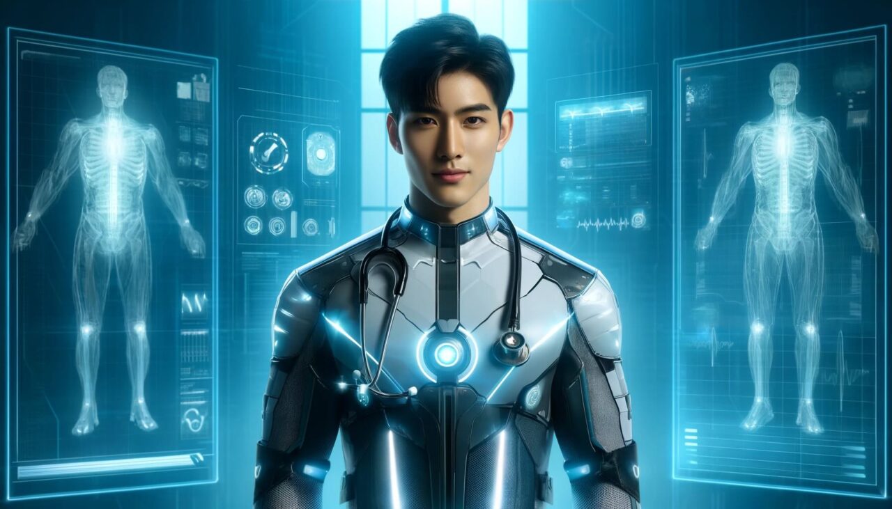 Młody mężczyzna w futurystycznym stroju medycznym z hologramami ciała ludzkiego w tle.