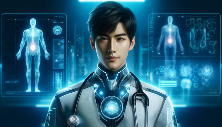 Młody mężczyzna w futurystycznym stroju lekarskim z holograficznymi wyświetlaczami anatomii ludzkiej w tle.