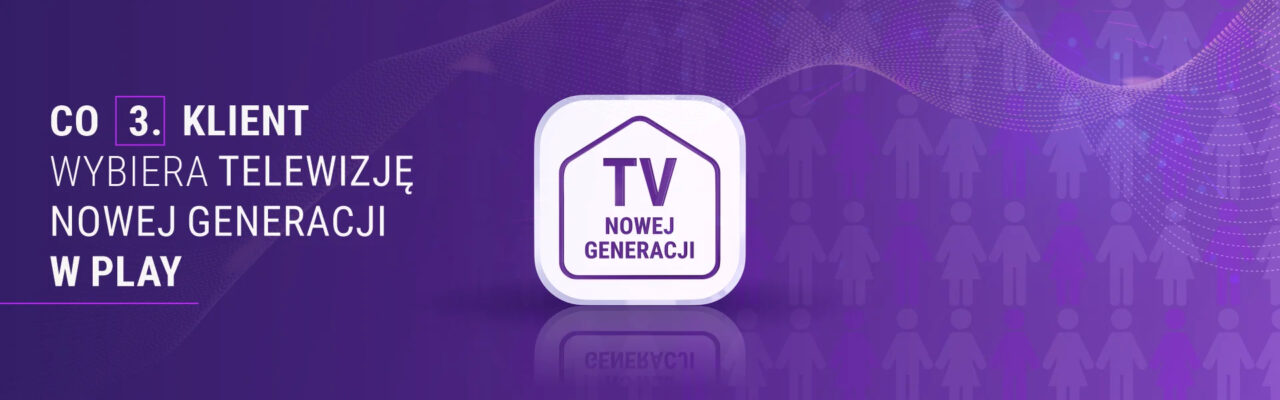 Fioletowa grafika reklamowa z napisem "Co 3. klient wybiera telewizję nowej generacji w Play" oraz ikoną TV nowej generacji.