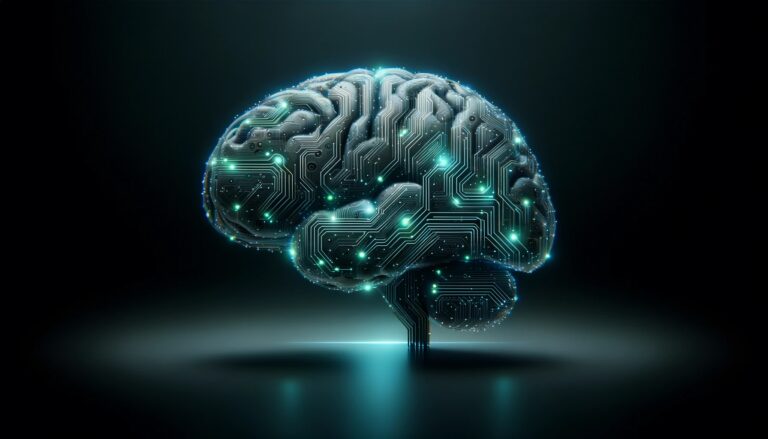 Cyfrowy model mózgu z zintegrowanymi obwodami i oświetleniem LED w kolorze turkusowym na ciemnym tle. BrainLM przeanalizuje Twój mózg.