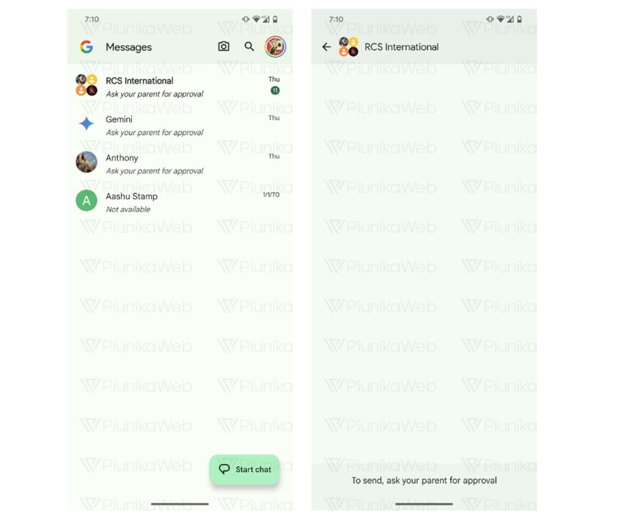 Zrzut ekranu aplikacji wiadomości Google z wiadomościami wymagającymi zatwierdzenia przez rodzica oraz aktywnym czatem z wiadomością "To send, ask your parent for approval".
