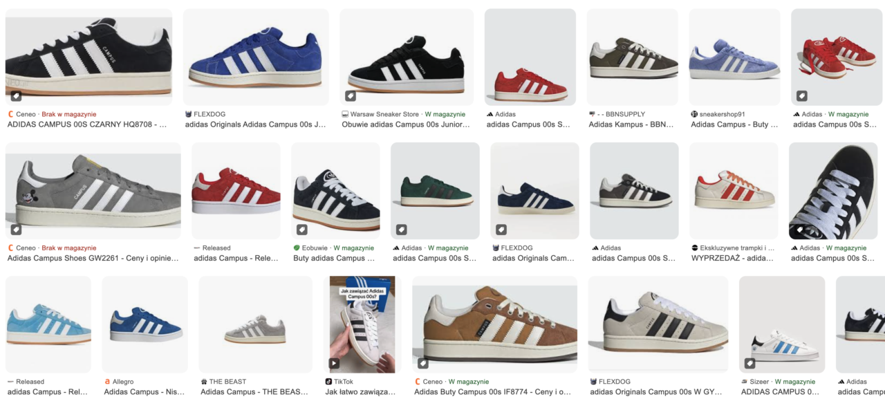 Problemy z e-commerce. Wyniki wyszukiwania Google butów Adidas Campus. 
